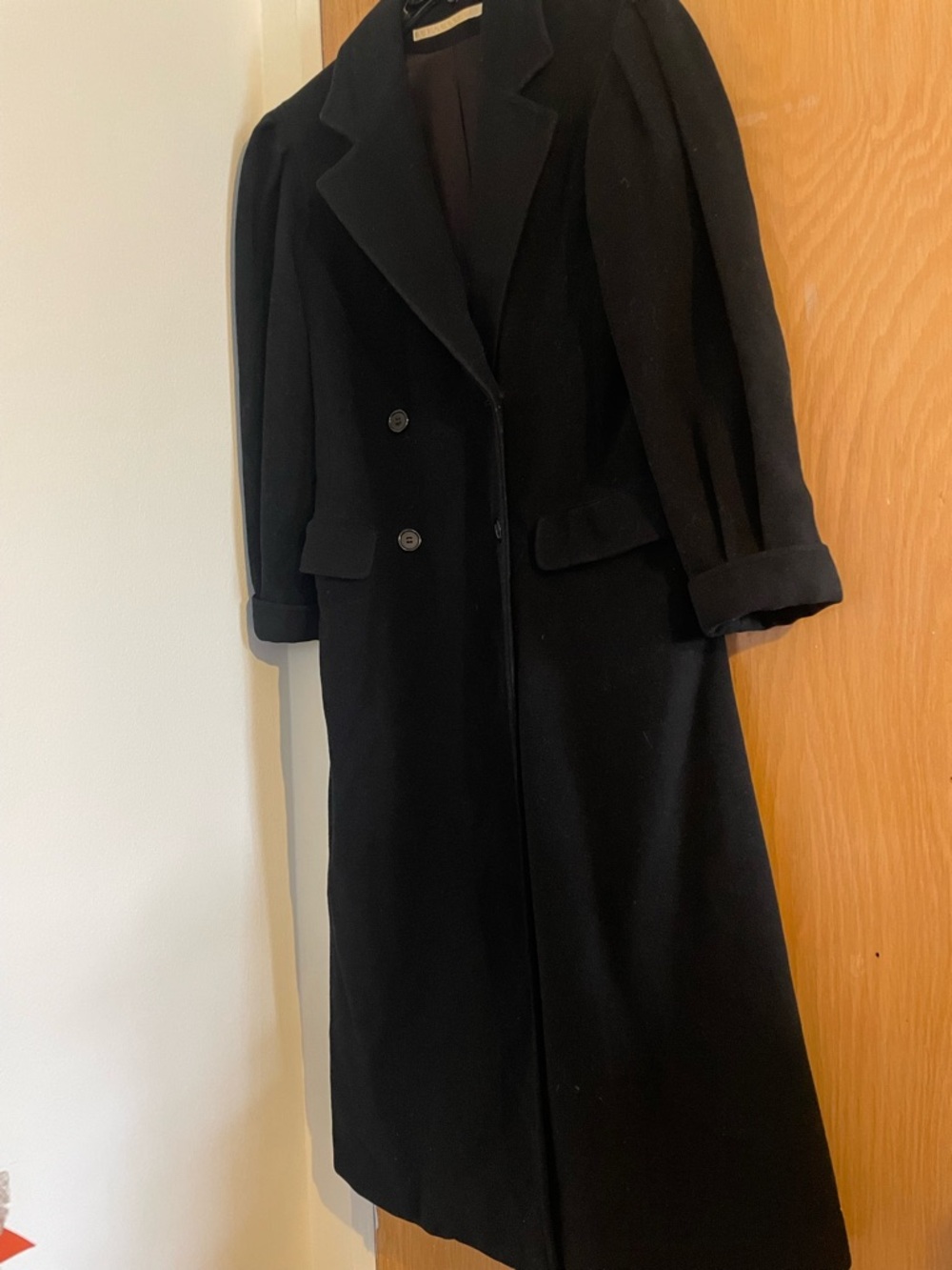 Vintage Perry Ellis Black Long Wool Trench Coat Double Breasted Tailored Fit